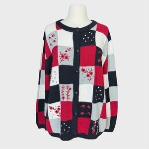 Vtg 90's women XL Patchwork style cardigan black white red embroidered beaded